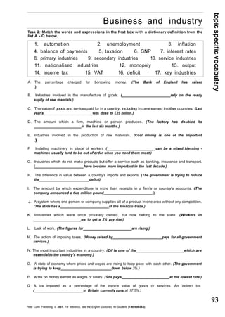 topic specific vocabulary 
93 
Business and industry 
Task 2: Match the words and expressions in the first box with a dictionary definition from the 
list A - Q below. 
1. automation 2. unemployment 3. inflation 
4. balance of payments 5, taxation 6. GNP 7. interest rates 
8. primary industries 9. secondary industries 10. service industries 
11. nationalised industries 12. monopoly 13. output 
14. income tax 15. VAT 16. deficit 17. key industries 
A. The percentage charged for borrowing money. (The Bank of England has raised 
.) 
B. Industries involved in the manufacture of goods. ( rely on the ready 
suplly of raw maerials.) 
C. The value of goods and services paid for in a country, including income earned in other countries. (Last 
year's was dose to £25 billion.) 
D. The amount which a firm, machine or person produces. (The factory has doubled its 
in the last six months.) 
E. Industries involved in the production of raw materials. (Coal mining is one of the important 
.) 
F Installing machinery in place of workers ( can be a mixed blessing - 
machines usually tend to be out of order when you need them most.) 
G. Industries which do not make products but offer a service such as banking, insurance and transport. 
( have become more important in the last decade.) 
H. The difference in value between a country's imports and exports. (The government is trying to reduce 
the deficit) 
I. The amount by which expenditure is more than receipts in a firm's or country's accounts. (The 
company announced a two million pound .) 
J. A system where one person or company supplies all of a product in one area without any competition. 
(The state has a of the tobacco trade.) 
K. Industries which were once privately owned, but now belong to the state. (Workers in 
are to get a 3% pay rise.) 
L. Lack of work. (The figures for are rising.) 
M. The action of imposing taxes. (Money raised by pays for all government 
services.) 
N. The most important industries in a country. (Oil is one of the which are 
essential to the country's economy.) 
O. A state of economy where prices and wages are rising to keep pace with each other. (The government 
is trying to keep down below 3%.) 
P. A tax on money earned as wages or salary. (She pays at the lowest rate.) 
Q. A tax imposed as a percentage of the invoice value of goods or services. An indirect tax. 
( in Britain currently runs at 17.5%.) 
Peter Collin Publishing. © 2001. For reference, see the English Dictionary for Students (1-901659-06-2) 
 