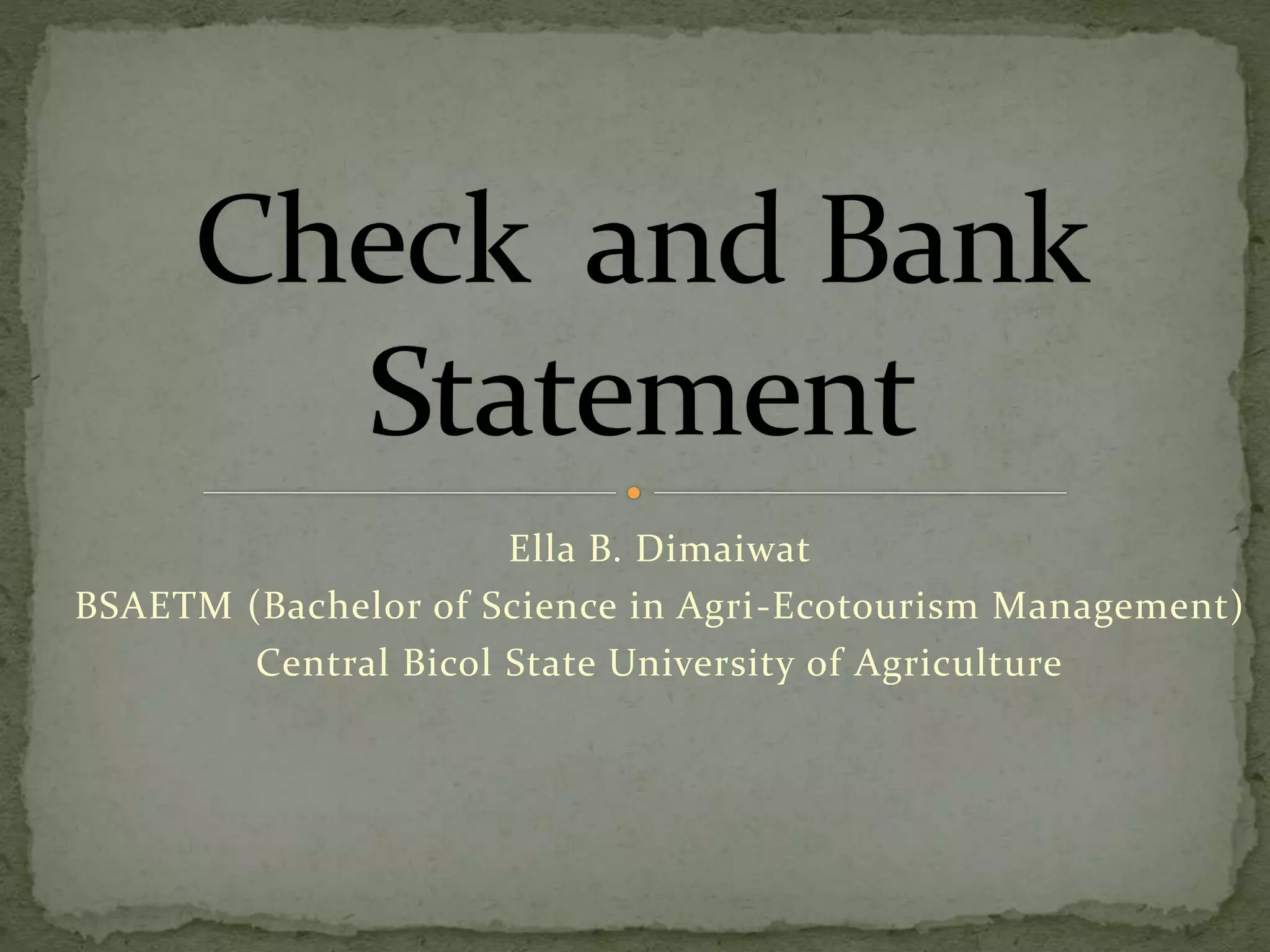 Ella B. Dimaiwat
BSAETM (Bachelor of Science in Agri-Ecotourism Management)
Central Bicol State University of Agriculture
 