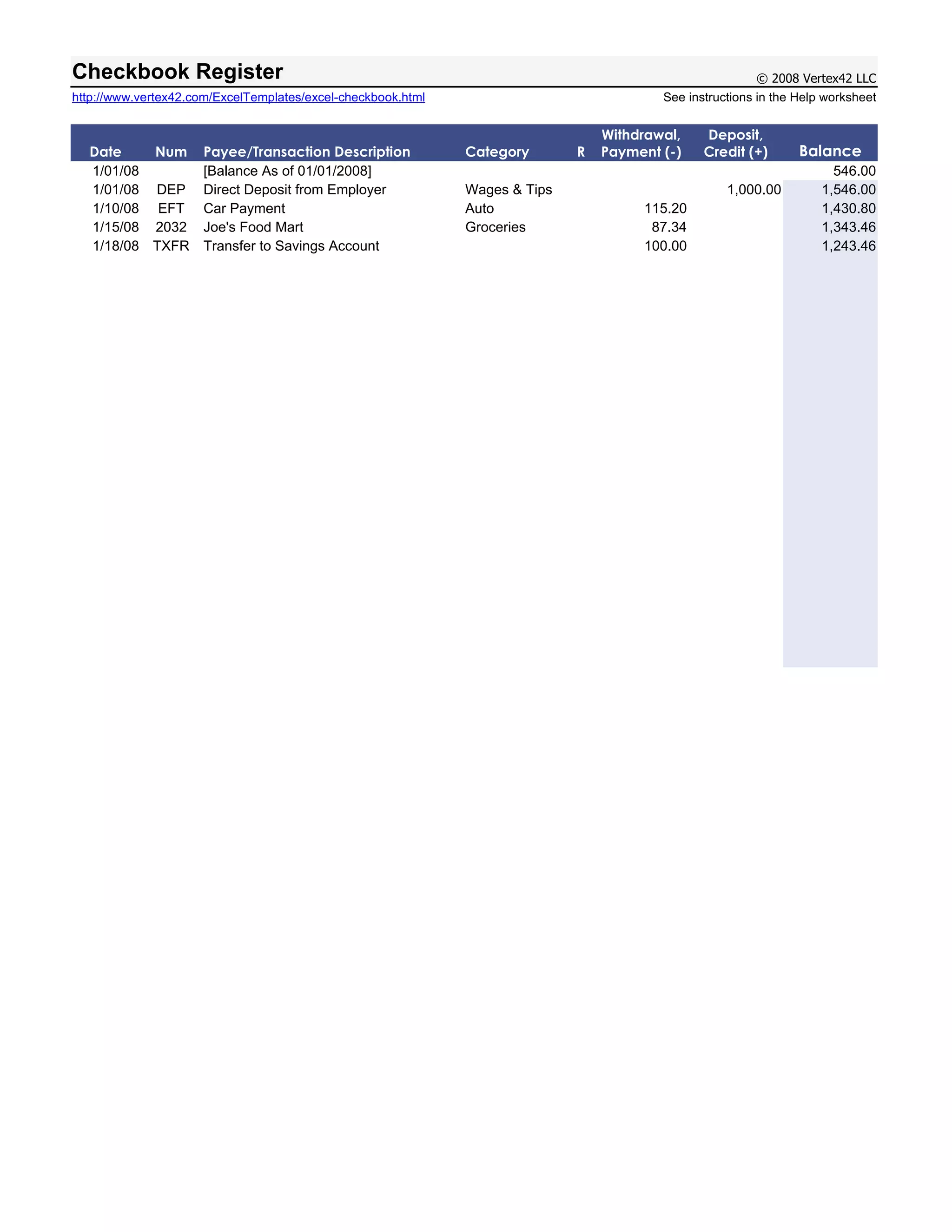 Checkbook Register                                                                                        © 2008 Vertex42 LLC
http://www.vertex42.com/ExcelTemplates/excel-checkbook.html                              See instructions in the Help worksheet
                                                                             [42]
                                                                                 Withdrawal,    Deposit,
  Date    Num        Payee/Transaction Description            Category       R   Payment (-)    Credit (+)       Balance
  1/01/08            [Balance As of 01/01/2008]                                                                        546.00
  1/01/08 DEP        Direct Deposit from Employer             Wages & Tips                          1,000.00         1,546.00
  1/10/08 EFT        Car Payment                              Auto                    115.20                         1,430.80
  1/15/08 2032       Joe's Food Mart                          Groceries                87.34                         1,343.46
  1/18/08 TXFR       Transfer to Savings Account                                      100.00                         1,243.46
 