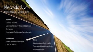 Mercado Alvo
Segmentação de Clientes . B2B


 Frotistas
 Gestoras de Frotas
 Grandes empresas frotistas (não geridas)
 Rent-a-cars
 Empresas de Assistência e Garantias Auto


 Institucionais
                                            Outros
 Clubes, Sindicatos, instituições
                                            Stands de automóveis usados
 Casas de pessoal
                                            Pequenas oficinas independentes
                                            não especializadas
 