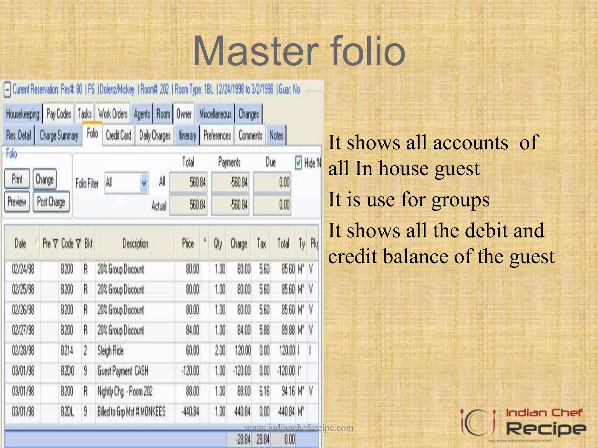 Master folio
 It shows all accounts of
all In house guest
 It is use for groups
 It shows all the debit and
credit balance of the guest
www.indianchefrecipe.com
 