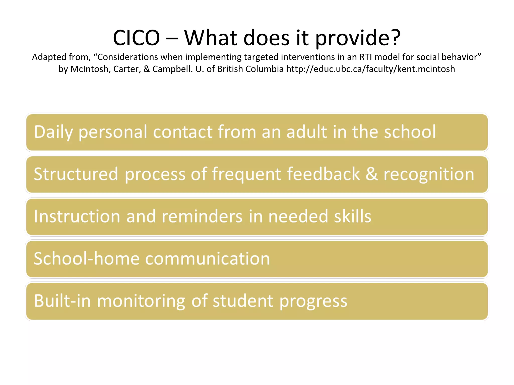 CICO – What does it provide?
Adapted from, “Considerations when implementing targeted interventions in an RTI model for social behavior”
     by McIntosh, Carter, & Campbell. U. of British Columbia http://educ.ubc.ca/faculty/kent.mcintosh
 
