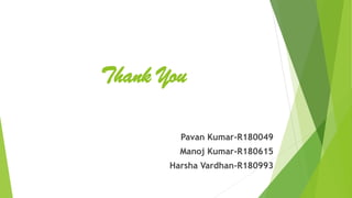 Thank You
Pavan Kumar-R180049
Manoj Kumar-R180615
Harsha Vardhan-R180993
 