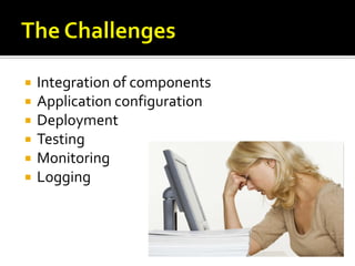    Integration of components
   Application configuration
   Deployment
   Testing
   Monitoring
   Logging
 