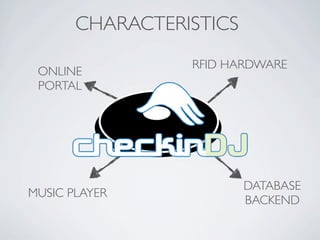 CHARACTERISTICS
                 RFID HARDWARE
 ONLINE
 PORTAL




                         DATABASE
MUSIC PLAYER
                         BACKEND
 