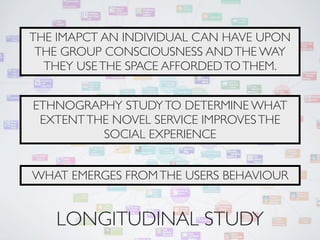 THE IMAPCT AN INDIVIDUAL CAN HAVE UPON
 THE GROUP CONSCIOUSNESS AND THE WAY
  THEY USE THE SPACE AFFORDED TO THEM.


ETHNOGRAPHY STUDY TO DETERMINE WHAT
 EXTENT THE NOVEL SERVICE IMPROVES THE
          SOCIAL EXPERIENCE


WHAT EMERGES FROM THE USERS BEHAVIOUR


   LONGITUDINAL STUDY
 