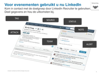 TAG
ATTACH
SOURCE
STATUS
ALERT
TEAM
NOTE
Voor evenementen gebruikt u nu LinkedIn
Kom in contact met de doelgroep door LinkedIn Recruiter te gebruiken.
Deel gegevens en hou de uitkomsten bij.
Networking
LinkedIn Confidential ©2013 All Rights Reserved
6
 