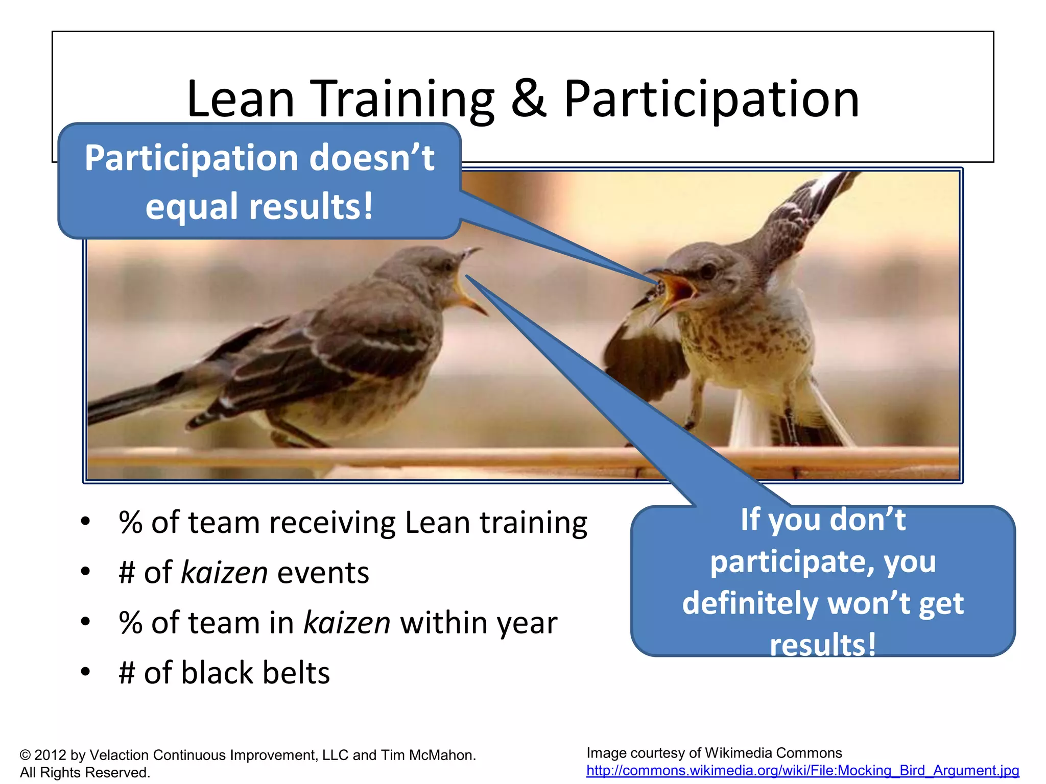 Lean Training & Participation
        Participation doesn’t
           equal results!




        •    % of team receiving Lean training                                       If you don’t
        •    # of kaizen events                                                    participate, you
                                                                                 definitely won’t get
        •    % of team in kaizen within year
                                                                                        results!
        •    # of black belts

© 2012 by Velaction Continuous Improvement, LLC and Tim McMahon.   Image courtesy of Wikimedia Commons
All Rights Reserved.                                               http://commons.wikimedia.org/wiki/File:Mocking_Bird_Argument.jpg
 