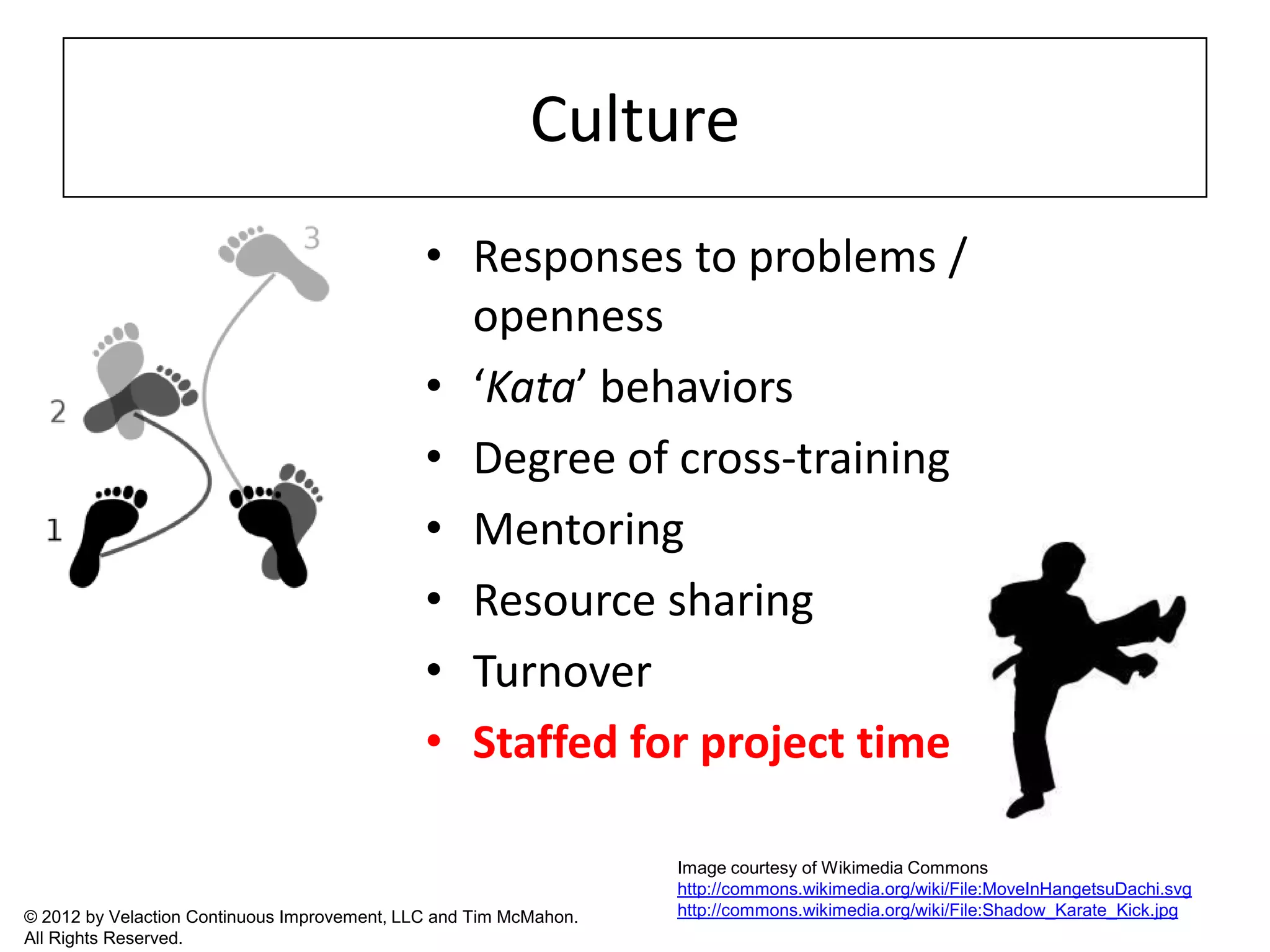 Culture
                                              • Responses to problems /
                                                openness
                                              • ‘Kata’ behaviors
                                              • Degree of cross-training
                                              • Mentoring
                                              • Resource sharing
                                              • Turnover
                                              • Staffed for project time

                                                                   Image courtesy of Wikimedia Commons
                                                                   http://commons.wikimedia.org/wiki/File:MoveInHangetsuDachi.svg
© 2012 by Velaction Continuous Improvement, LLC and Tim McMahon.   http://commons.wikimedia.org/wiki/File:Shadow_Karate_Kick.jpg
All Rights Reserved.
 