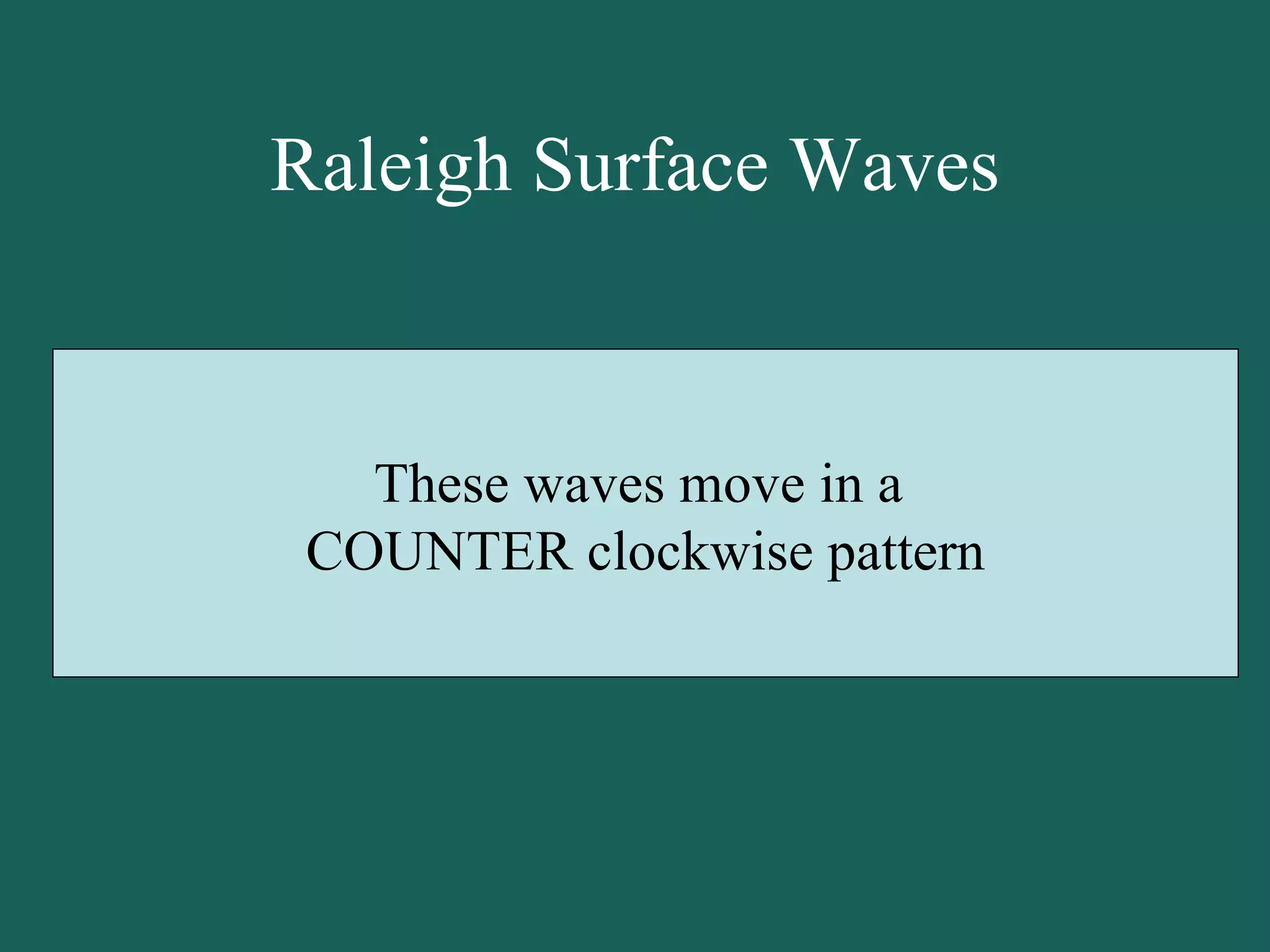 Raleigh Surface Waves These waves move in a  COUNTER clockwise pattern 