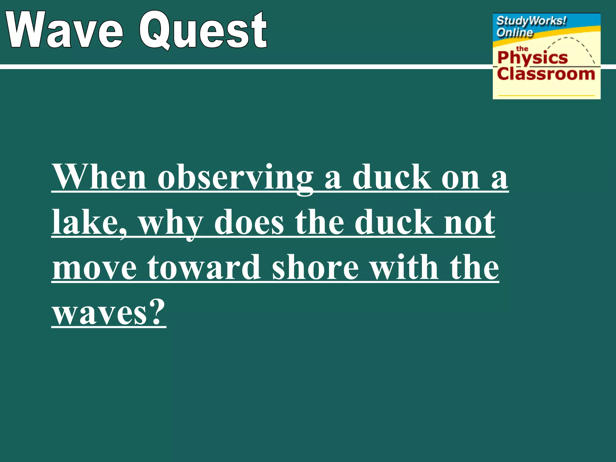 Wave Quest When observing a duck on a lake, why does the duck not move toward shore with the waves? 