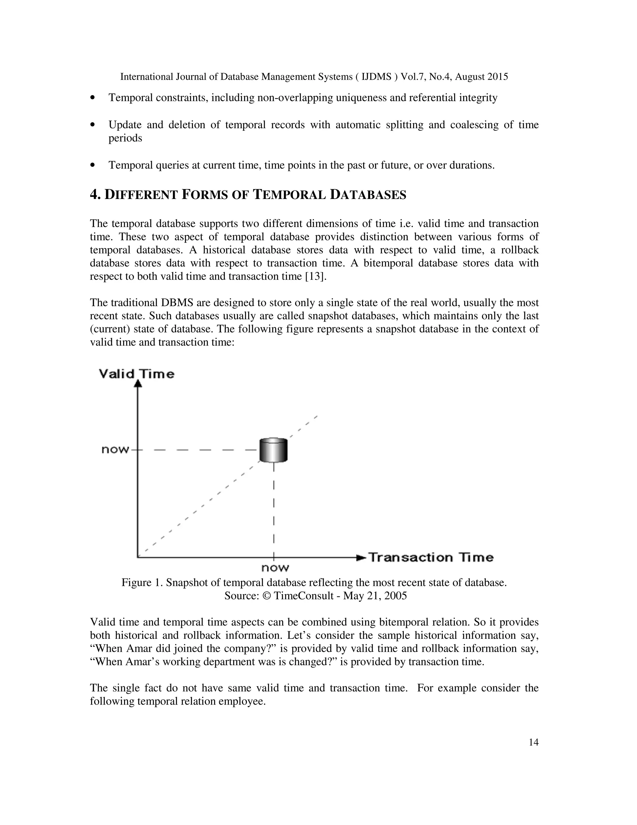 International Journal of Database Management Systems ( IJDMS ) Vol.7, No.4, August 2015
14
• Temporal constraints, including non-overlapping uniqueness and referential integrity
• Update and deletion of temporal records with automatic splitting and coalescing of time
periods
• Temporal queries at current time, time points in the past or future, or over durations.
4. DIFFERENT FORMS OF TEMPORAL DATABASES
The temporal database supports two different dimensions of time i.e. valid time and transaction
time. These two aspect of temporal database provides distinction between various forms of
temporal databases. A historical database stores data with respect to valid time, a rollback
database stores data with respect to transaction time. A bitemporal database stores data with
respect to both valid time and transaction time [13].
The traditional DBMS are designed to store only a single state of the real world, usually the most
recent state. Such databases usually are called snapshot databases, which maintains only the last
(current) state of database. The following figure represents a snapshot database in the context of
valid time and transaction time:
Figure 1. Snapshot of temporal database reflecting the most recent state of database.
Source: © TimeConsult - May 21, 2005
Valid time and temporal time aspects can be combined using bitemporal relation. So it provides
both historical and rollback information. Let’s consider the sample historical information say,
“When Amar did joined the company?” is provided by valid time and rollback information say,
“When Amar’s working department was is changed?” is provided by transaction time.
The single fact do not have same valid time and transaction time. For example consider the
following temporal relation employee.
 