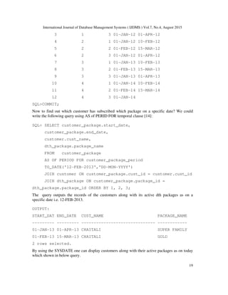 International Journal of Database Management Systems ( IJDMS ) Vol.7, No.4, August 2015
19
3 1 3 01-JAN-12 01-APR-12
4 2 1 01-JAN-12 10-FEB-12
5 2 2 01-FEB-12 15-MAR-12
6 2 3 01-JAN-12 01-APR-12
7 3 1 01-JAN-13 10-FEB-13
8 3 2 01-FEB-13 15-MAR-13
9 3 3 01-JAN-13 01-APR-13
10 4 1 01-JAN-14 10-FEB-14
11 4 2 01-FEB-14 15-MAR-14
12 4 3 01-JAN-14
SQL>COMMIT;
Now to find out which customer has subscribed which package on a specific date? We could
write the following query using AS of PERID FOR temporal clause [14]:
SQL> SELECT customer_package.start_date,
customer_package.end_date,
customer.cust_name,
dth_package.package_name
FROM customer_package
AS OF PERIOD FOR customer_package_period
TO_DATE('12-FEB-2013','DD-MON-YYYY')
JOIN customer ON customer_package.cust_id = customer.cust_id
JOIN dth_package ON customer_package.package_id =
dth_package.package_id ORDER BY 1, 2, 3;
The query outputs the records of the customers along with its active dth packages as on a
specific date i.e. 12-FEB-2013.
OUTPUT:
START_DAT END_DATE CUST_NAME PACKAGE_NAME
--------- --------- ------------------------------ ------------
01-JAN-13 01-APR-13 CHAITALI SUPER FAMILY
01-FEB-13 15-MAR-13 CHAITALI GOLD
2 rows selected.
By using the SYSDATE one can display customers along with their active packages as on today
which shown in below query.
 