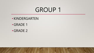 GROUP 1
•KINDERGARTEN
•GRADE 1
•GRADE 2
 