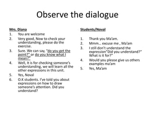 Observe the dialogue
Mrs. Diana
1. You are welcome
2. Very good, Now to check your
understanding, please do the
exercise.
3. Sure. We can say, “do you get the
point?” or do you know what I
mean?”
4. Well, It is for checking someone’s
understanding, we will learn all the
other expressions in this unit.
5. Yes, Noval
6. O.K students. I’ve told you about
expressions on how to draw
someone’s attention. Did you
understand?
Students/Noval
1. Thank you Ma’am.
2. Mmm… excuse me , Ma’am
3. I still don’t understand the
expression”Did you understand?”
What is it for?”
4. Would you please give us others
examples ma’am
5. Yes, Ma’am
 