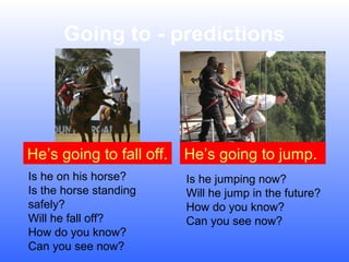 Going to - predictions

He’s going to fall off.

He’s going to jump.

Is he on his horse?
Is the horse standing
safely?
Will he fall off?
How do you know?
Can you see now?

Is he jumping now?
Will he jump in the future?
How do you know?
Can you see now?

 