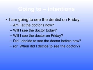 Going to – intentions
• I am going to see the dentist on Friday.
– Am I at the doctor’s now?
– Will I see the doctor today?
– Will I see the doctor on Friday?
– Did I decide to see the doctor before now?
– (or: When did I decide to see the doctor?)

 