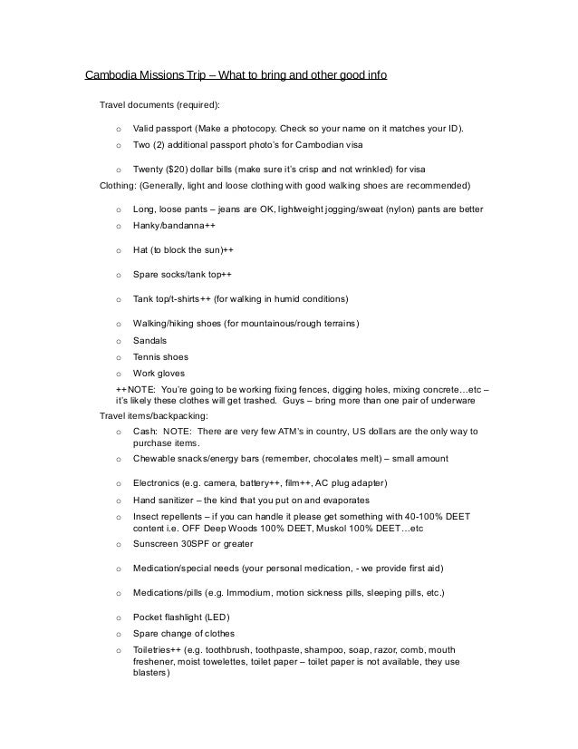cambodia trip checklist trip check list