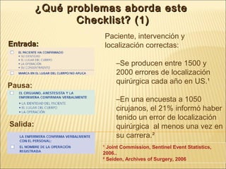 ¿Qué problemas aborda este¿Qué problemas aborda este
Checklist? (1)Checklist? (1)
Paciente, intervención y
localización correctas:
–Se producen entre 1500 y
2000 errores de localización
quirúrgica cada año en US.¹
–En una encuesta a 1050
cirujanos, el 21% informó haber
tenido un error de localización
quirúrgica al menos una vez en
su carrera.²
Entrada:Entrada:
Pausa:
Salida:
¹ Joint Commission, Sentinel Event Statistics,
2006..
² Seiden, Archives of Surgery, 2006
 
