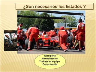 ¿Son necesarios los listados ?
Disciplina
Normalización
Trabajo en equipo
Capacitación
 