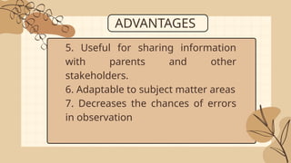 ADVANTAGES
5. Useful for sharing information
with parents and other
stakeholders.
6. Adaptable to subject matter areas
7. Decreases the chances of errors
in observation
 