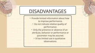 DISADVANTAGES
• Provide limited information about how
to improve performance.
• Do not indicate relative quality of
performance.
• Only the presence or absence of an
attribute, behavior or performance or
parameter may be assured.
• It has limited use in qualitative
observations.
 