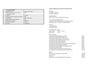 CARACTERISTICAS TECNICAS CESSNA C152
    PARAR MOTOR
1   Mando de gas                            Austar a 1000 rpm     MOTOR
2   Interruptor general de radios y         Off                   Lycoming 0-235-L2C
    equipos de radio                                              110 BHP a 2550 rpm
3   Mezcla                                  Cortada
                                                                  COMBUSTIBLE
4   Interruptores dispositivos eléctricos   Off
                                                                  100 LL (color azul) o 100/130 (color verde)
5   Magnetos                                Off y retirar llave
6   Interruptor general Master              Off                   CAPACIDAD COMBUSTIBLE
7   Blocaje de mandos                       Instalado             Total: 26 US Gal (normal) y 39 US Gal (largo alcance)
8   Funda tubo pitot                        Puesta                Utilizables: 24,5 y 37,5 US Gal respectivamente
9   Avión                                   Asegurado
                                                                  ACEITE
                                                                  Aero Shell W100
                                                                  Capacidad: 6 Qts

                                                                  FACTORES DE CARGA
                                                                  Flaps arriba: +4,4 g y -1,52 g
                                                                  Flaps abajo:  +3,5 g

                                                                  VELOCIDADES
                                                                  Velocidad de pérdida flaps abajo (Vs0):                        35 kts
                                                                  Velocidad de pérdida flaps arriba (Vs1):                       40 kts
                                                                  Velocidad de mejor ángulo de ascenso (Vx):                     55 kts
                                                                  Velocidad de mejor régimen de ascenso (Vy):                    67 kts
                                                                  Velocidad de aproximación flaps 0º:                            75 kts
                                                                  Velocidad de aproximación flaps 30º:                           65 kts
                                                                  Velocidad de aproximación para aterrizaje corto (flaps 30º):   55 kts
                                                                  Velocidad de máximo planeo (1670 lbs):                         60 kts
                                                                  Velocidad máxima permitida con flaps abajo (Vfe):              85 kts
                                                                  Velocidad de maniobra (Va):                                    104 kts
                                                                  Velocidad máxima permitida en crucero (Vno):                   111 kts
                                                                  Velocidad que no se puede sobrepasar jamás (Vne):              149 kts

                                                                  PESOS
                                                                  Peso máximo al despegue y al aterrizaje:                       1670 lbs
                                                                  Peso en vacío:                                                 1155 lbs
                                                                  Peso útil:                                                     520 lbs
                                                                  Peso máximo en el compartimento de equipajes:                  120 lbs
 