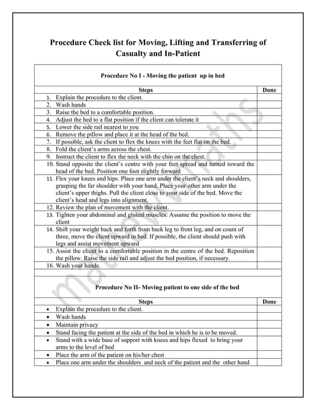 check list Demonstration On Range Of Motion Exercises and Moving
