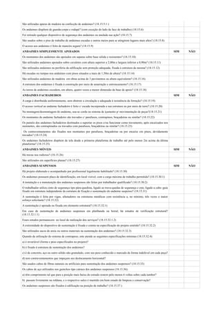 São utilizadas aparas de madeira na confecção de andaimes? (18.15.5.1 )
Os andaimes dispõem de guarda-corpo e rodapé? (com exceção do lado da face de trabalho) (18.15.6)
Foi retirado qualquer dispositivo de segurança dos andaimes ou anulada sua ação? (18.15.7)
São usados sobre o piso de trabalho de andaimes escadas e outros meios para se atingirem lugares mais altos? (18.15.8)
O acesso aos andaimes é feito de maneira segura? (18.15.9)
ANDAIMES SIMPLESMENTE APOIADOS                                                                                                SIM   NÃO
Os montantes dos andaimes são apoiados em sapatas sobre base sólida e resistentes? (18.15.10)
São utilizados andaimes apoiados sobre cavaletes com altura superior a 2,00m e largura inferior a 0,90m? (18.15.11)
São utilizados andaimes na periferia da edificação sem proteção adequada, fixada à estrutura da mesma? (18.15.12)
Há escadas ou rampas nos andaimes com pisos situados a mais de 1,50m de altura? (18.15.14)
São utilizados andaimes de madeira em obras acima de 3 pavimentos ou altura equivalente? (18.15.16)
A estrutura dos andaimes é fixada à construção por meio de amarração e entroncamento? (18.15.17)
As torres de andaimes excedem, em altura, quatro vezes a menor dimensão da base de apoio? (18.15.18)
ANDAIMES FACHADEIROS                                                                                                          SIM   NÃO
A carga é distribuída uniformemente, sem obstruir a circulação e adequada à resistência da forração? (18.15.19)
O acesso vertical ao andaime fachadeiro é feito c/ escada incorporada a sua estrutura ou por meio de torre? (18.15.20)
Na montagem/desmontagem do andaime, usa-se corda ou sistema de içamento p/ movimentação de peças?(18.15.21)
Os montantes do andaime fachadeiro são travados c/ parafusos, contrapinos, braçadeiras ou similar? (18.15.22)
Os painéis dos andaimes fachadeiros destinados a suportar os pisos e/ou funcionar como travamento, após encaixados nos
montantes, são contrapinados ou travados com parafusos, braçadeiras ou similar? (18.15.23)
 Os contraventamentos são fixados nos montantes por parafusos, braçadeiras ou por encaixe em pinos, devidamente
travados? (18.15.24)
Os andaimes fachadeiros dispõem de tela desde a primeira plataforma de trabalho até pelo menos 2m acima da última
plataforma? (18.15.25)
ANDAIMES MÓVEIS                                                                                                               SIM   NÃO
Há travas nos rodízios? (18.15.26)
São utilizados em superfícies planas? (18.15.27)
ANDAIMES SUSPENSOS                                                                                                            SIM   NÃO
Há projeto elaborado e acompanhado por profissional legalmente habilitado? (18.15.30)
Os andaimes possuem placa de identificação, em local visível, com a carga máxima de trabalho permitida? (18.15.30.1)
A instalação e a manutenção dos andaimes suspensos são feitas por trabalhador qualificado? (18.15.30.2)
O trabalhador utiliza cinto de segurança tipo pára-quedista, ligado ao trava-quedas de segurança e este, ligado a cabo–guia
fixado em estrutura independente da estrutura de fixação e sustentação do andaime suspenso? (18.15.31)
A sustentação é feita por vigas, afastadores ou estruturas metálicas com resistência a, no mínimo, três vezes o maior
esforço solicitante? (18.15.32)
A sustentação é apoiada ou fixada em elemento estrutural? (18.15.32.1)
Em caso de sustentação de andaimes suspensos em platibanda ou beiral, há estudos de verificação estrutural?
(18.15.32.1.1)
Esses estudos permanecem no local de realização dos serviços? (18.15.32.1.2)
A extremidade do dispositivo de sustentação é fixada e consta na especificação do projeto emitido? (18.15.32.2)
São utilizados sacos de areia ou outros materiais na sustentação dos andaimes? (18.15.32.3)
Quando da utilização do sistema de contrapeso, este atende as seguintes especificações mínimas (18.15.32.4):
a) é invariável (forma e peso especificados no projeto)?
b) é fixado à estrutura de sustentação dos andaimes?
c) é de concreto, aço ou outro sólido não granulado, com seu peso conhecido e marcado de forma indelével em cada peça?
d) tem contraventamentos que impeçam seu deslocamento horizontal?
São usados cabos de fibras naturais ou artificiais para sustentação dos andaimes suspensos? (18.15.33)
Os cabos de aço utilizados nos guinchos tipo catraca dos andaimes suspensos (18.15.36):
a) têm comprimento tal que para a posição mais baixa do estrado restem pelo menos 6 voltas sobre cada tambor?
b) passam livremente na roldana, e o respectivo sulco é mantido em bom estado de limpeza e conservação?
Os andaimes suspensos são fixados à edificação na posição de trabalho? (18.15.37 )
 