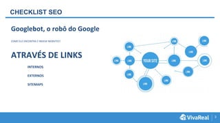 3
CHECKLIST SEO
Googlebot, o robô do Google
COMO ELE ENCONTRA E INDEXA WEBSITES?
ATRAVÉS DE LINKS
INTERNOS
EXTERNOS
SITEMAPS
 