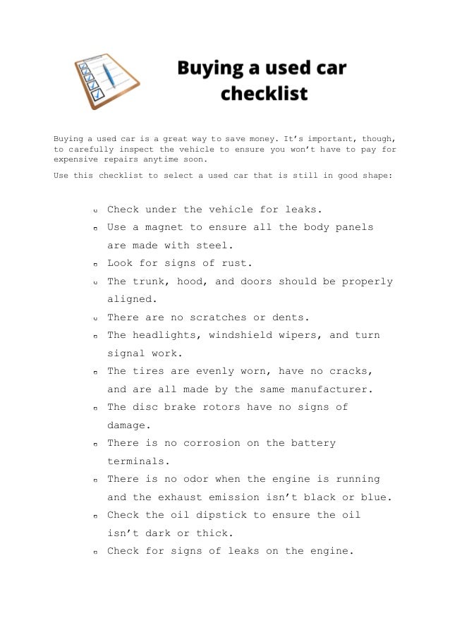 Free download PDF Printable Checklist before buying a used car