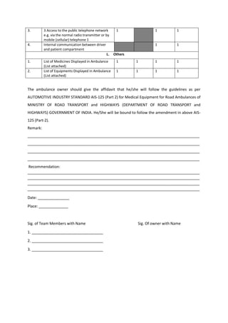 3. 3 Access to the public telephone network
e.g. via the normal radio transmitter or by
mobile (cellular) telephone 1
1 1 1
4. Internal communication between driver
and patient compartment
1 1
L. Others
1. List of Medicines Displayed in Ambulance
(List attached)
1 1 1 1
2. List of Equipments Displayed in Ambulance
(List attached)
1 1 1 1
The ambulance owner should give the affidavit that he/she will follow the guidelines as per
AUTOMOTIVE INDUSTRY STANDARD AIS-125 (Part 2) for Medical Equipment for Road Ambulances of
MINISTRY OF ROAD TRANSPORT and HIGHWAYS (DEPARTMENT OF ROAD TRANSPORT and
HIGHWAYS) GOVERNMENT OF INDIA. He/She will be bound to follow the amendment in above AIS-
125 (Part-2).
Remark:
__________________________________________________________________________________
__________________________________________________________________________________
__________________________________________________________________________________
__________________________________________________________________________________
Recommendation:
__________________________________________________________________________________
__________________________________________________________________________________
__________________________________________________________________________________
__________________________________________________________________________________
Date: _______________
Place: ______________
Sig. of Team Members with Name Sig. Of owner with Name
1. __________________________________
2. __________________________________
3. __________________________________
 