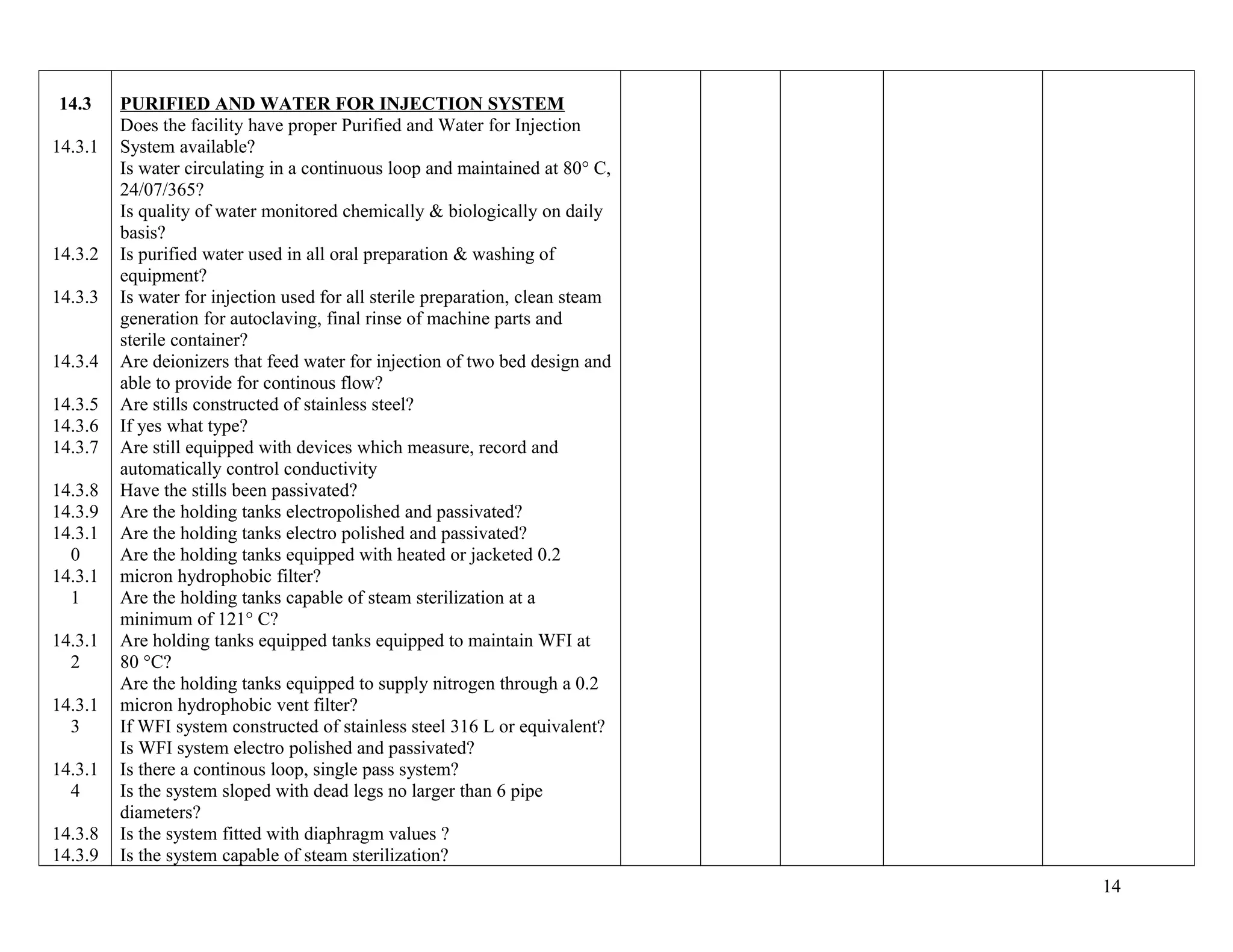 14.3
14.3.1
14.3.2
14.3.3
14.3.4
14.3.5
14.3.6
14.3.7
14.3.8
14.3.9
14.3.1
0
14.3.1
1
14.3.1
2
14.3.1
3
14.3.1
4
14.3.8
14.3.9
PURIFIED AND WATER FOR INJECTION SYSTEM
Does the facility have proper Purified and Water for Injection
System available?
Is water circulating in a continuous loop and maintained at 80° C,
24/07/365?
Is quality of water monitored chemically & biologically on daily
basis?
Is purified water used in all oral preparation & washing of
equipment?
Is water for injection used for all sterile preparation, clean steam
generation for autoclaving, final rinse of machine parts and
sterile container?
Are deionizers that feed water for injection of two bed design and
able to provide for continous flow?
Are stills constructed of stainless steel?
If yes what type?
Are still equipped with devices which measure, record and
automatically control conductivity
Have the stills been passivated?
Are the holding tanks electropolished and passivated?
Are the holding tanks electro polished and passivated?
Are the holding tanks equipped with heated or jacketed 0.2
micron hydrophobic filter?
Are the holding tanks capable of steam sterilization at a
minimum of 121° C?
Are holding tanks equipped tanks equipped to maintain WFI at
80 °C?
Are the holding tanks equipped to supply nitrogen through a 0.2
micron hydrophobic vent filter?
If WFI system constructed of stainless steel 316 L or equivalent?
Is WFI system electro polished and passivated?
Is there a continous loop, single pass system?
Is the system sloped with dead legs no larger than 6 pipe
diameters?
Is the system fitted with diaphragm values ?
Is the system capable of steam sterilization?
14
 