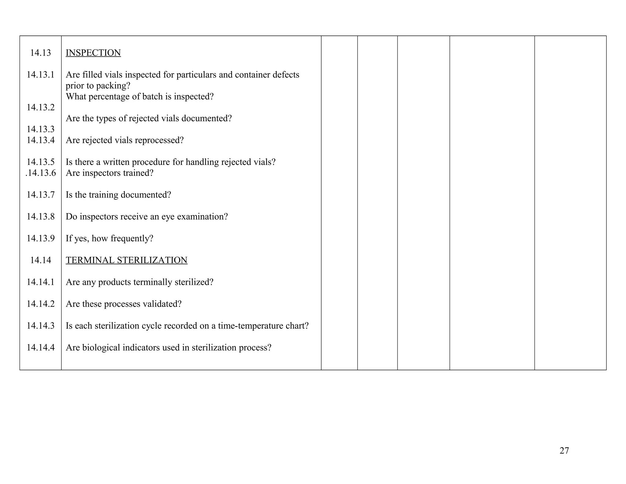 14.13
14.13.1
14.13.2
14.13.3
14.13.4
14.13.5
.14.13.6
14.13.7
14.13.8
14.13.9
14.14
14.14.1
14.14.2
14.14.3
14.14.4
INSPECTION
Are filled vials inspected for particulars and container defects
prior to packing?
What percentage of batch is inspected?
Are the types of rejected vials documented?
Are rejected vials reprocessed?
Is there a written procedure for handling rejected vials?
Are inspectors trained?
Is the training documented?
Do inspectors receive an eye examination?
If yes, how frequently?
TERMINAL STERILIZATION
Are any products terminally sterilized?
Are these processes validated?
Is each sterilization cycle recorded on a time-temperature chart?
Are biological indicators used in sterilization process?
27
 