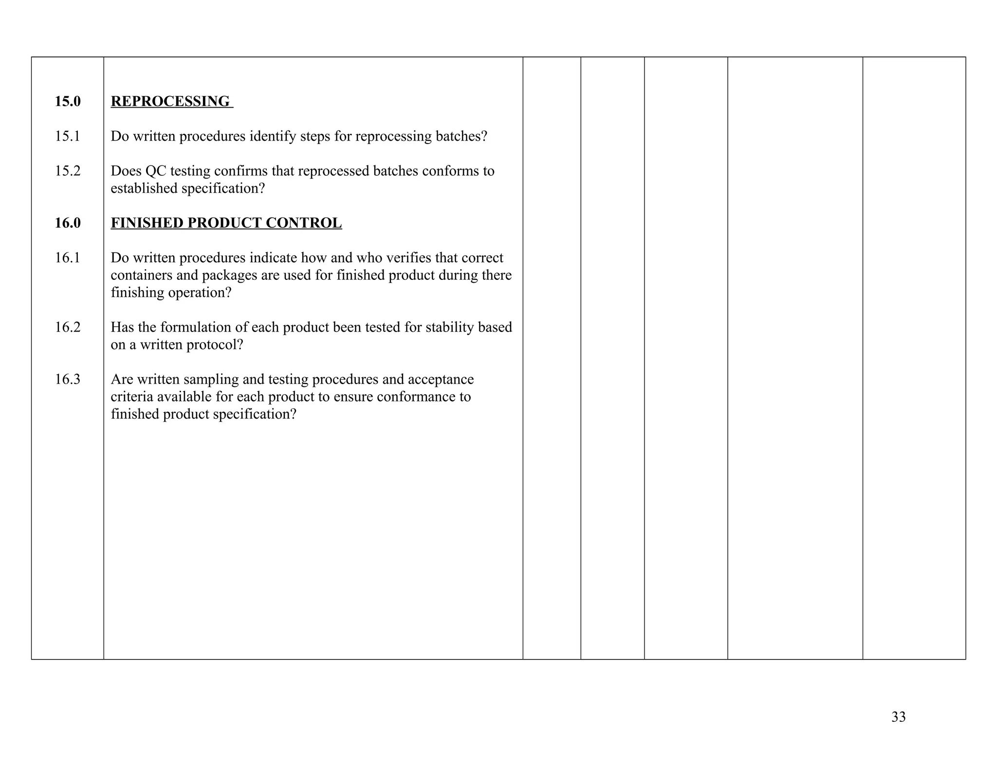 15.0
15.1
15.2
16.0
16.1
16.2
16.3
REPROCESSING
Do written procedures identify steps for reprocessing batches?
Does QC testing confirms that reprocessed batches conforms to
established specification?
FINISHED PRODUCT CONTROL
Do written procedures indicate how and who verifies that correct
containers and packages are used for finished product during there
finishing operation?
Has the formulation of each product been tested for stability based
on a written protocol?
Are written sampling and testing procedures and acceptance
criteria available for each product to ensure conformance to
finished product specification?
33
 