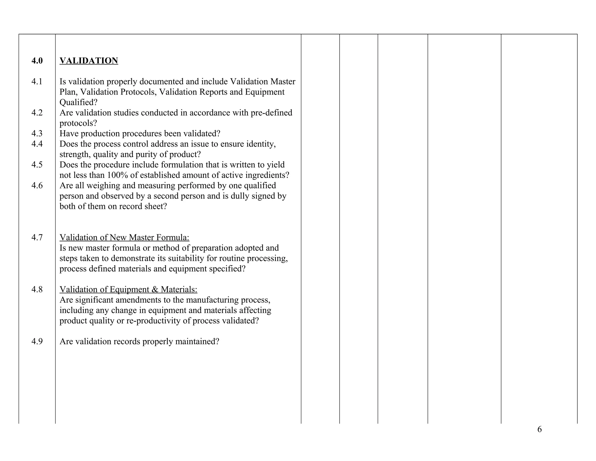 4.0
4.1
4.2
4.3
4.4
4.5
4.6
4.7
4.8
4.9
VALIDATION
Is validation properly documented and include Validation Master
Plan, Validation Protocols, Validation Reports and Equipment
Qualified?
Are validation studies conducted in accordance with pre-defined
protocols?
Have production procedures been validated?
Does the process control address an issue to ensure identity,
strength, quality and purity of product?
Does the procedure include formulation that is written to yield
not less than 100% of established amount of active ingredients?
Are all weighing and measuring performed by one qualified
person and observed by a second person and is dully signed by
both of them on record sheet?
Validation of New Master Formula:
Is new master formula or method of preparation adopted and
steps taken to demonstrate its suitability for routine processing,
process defined materials and equipment specified?
Validation of Equipment & Materials:
Are significant amendments to the manufacturing process,
including any change in equipment and materials affecting
product quality or re-productivity of process validated?
Are validation records properly maintained?
6
 