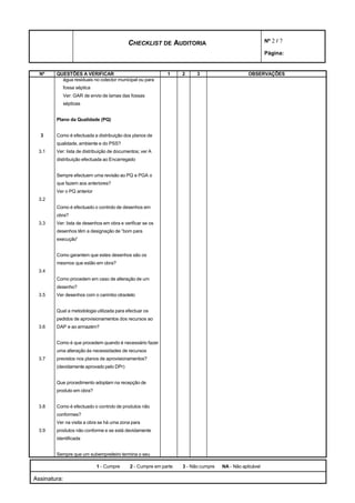 CHECKLIST DE AUDITORIA                                       Nº 2 / 7

                                                                                                        Página:


  Nº    QUESTÕES A VERIFICAR                                1     2     3                      OBSERVAÇÕES
          água residuais no colector municipal ou para
           fossa séptica
           Ver: GAR de envio de lamas das fossas
           sépticas


        Plano da Qualidade (PQ)


  3     Como é efectuada a distribuição dos planos de
        qualidade, ambiente e do PSS?
 3.1    Ver: lista de distribuição de documentos; ver A
        distribuição efectuada ao Encarregado


        Sempre efectuem uma revisão ao PQ e PGA o
        que fazem aos anteriores?
        Ver o PQ anterior
 3.2
        Como é efectuado o controlo de desenhos em
        obra?
 3.3    Ver: lista de desenhos em obra e verificar se os
        desenhos têm a designação de “bom para
        execução”


        Como garantem que estes desenhos são os
        mesmos que estão em obra?
 3.4
        Como procedem em caso de alteração de um
        desenho?
 3.5    Ver desenhos com o carimbo obsoleto


        Qual a metodologia utilizada para efectuar os
        pedidos de aprovisionamentos dos recursos ao
 3.6    DAP e ao armazém?


        Como é que procedem quando é necessário fazer
        uma alteração às necessidades de recursos
 3.7    previstos nos planos de aprovisionamentos?
        (devidamente aprovado pelo DPr)


        Que procedimento adoptam na recepção de
        produto em obra?


 3.8    Como é efectuado o controlo de produtos não
        conformes?
        Ver na visita a obra se há uma zona para
 3.9    produtos não conforme e se está devidamente
        identificada


        Sempre que um subempreiteiro termina o seu

                            1 - Cumpre      2 - Cumpre em parte   3 - Não cumpre   NA - Não aplicável

Assinatura:
 