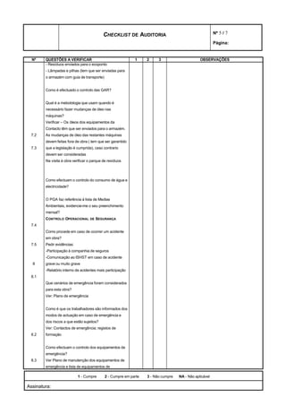 CHECKLIST DE AUDITORIA                                       Nº 5 / 7

                                                                                                        Página:


  Nº    QUESTÕES A VERIFICAR                                1     2     3                      OBSERVAÇÕES
        - Resíduos enviados para o ecoponto
        - Lâmpadas e pilhas (tem que ser enviadas para
        o armazém com guia de transporte)


        Como é efectuado o controlo das GAR?


        Qual é a metodologia que usam quando é
        necessário fazer mudanças de óleo nas
        máquinas?
        Verificar – Os óleos dos equipamentos da
        Contacto têm que ser enviados para o armazém.
 7.2    As mudanças de óleo das restantes máquinas
        devem feitas fora de obra ( tem que ser garantido
 7.3    que a legislação é cumprida), caso contrario
        devem ser consideradas
        Na visita à obra verificar o parque de resíduos




        Como efectuam o controlo do consumo de água e
        electricidade?


        O PGA faz referência à lista de Medias
        Ambientais, evidencie-me o seu preenchimento
        mensal?
        CONTROLO OPERACIONAL DE SEGURANÇA
 7.4
        Como procede em caso de ocorrer um acidente
        em obra?
 7.5    Pedir evidências:
        -Participação à companhia de seguros
        -Comunicação ao ISHST em caso de acidente
  8     grave ou muito grave
        -Relatório interno de acidentes mais participação
 8.1
        Que cenários de emergência foram considerados
        para esta obra?
        Ver: Plano de emergência


        Como é que os trabalhadores são informados dos
        modos de actuação em caso de emergência e
        dos riscos a que estão sujeitos?
        Ver: Contactos de emergência; registos de
 8.2    formação


        Como efectuam o controlo dos equipamentos de
        emergência?
 8.3    Ver Plano de manutenção dos equipamentos de
        emergência e lista de equipamentos de

                            1 - Cumpre      2 - Cumpre em parte   3 - Não cumpre   NA - Não aplicável

Assinatura:
 