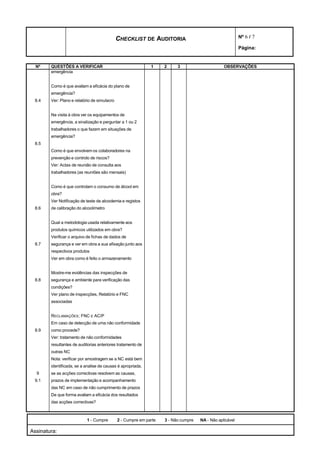 CHECKLIST DE AUDITORIA                                      Nº 6 / 7

                                                                                                          Página:


  Nº    QUESTÕES A VERIFICAR                                  1     2     3                      OBSERVAÇÕES
        emergência


        Como é que avaliam a eficácia do plano de
        emergência?
 8.4    Ver: Plano e relatório de simulacro


        Na visita à obra ver os equipamentos de
        emergência, a sinalização e perguntar a 1 ou 2
        trabalhadores o que fazem em situações de
        emergência?
 8.5
        Como é que envolvem os colaboradores na
        prevenção e controlo de riscos?
        Ver: Actas de reunião de consulta aos
        trabalhadores (as reuniões são mensais)


        Como é que controlam o consumo de álcool em
        obra?
        Ver Notificação de teste de alcoolemia e registos
 8.6    de calibração do alcoolímetro


        Qual a metodologia usada relativamente aos
        produtos químicos utilizados em obra?
        Verificar o arquivo de fichas de dados de
 8.7    segurança e ver em obra a sua afixação junto aos
        respectivos produtos
        Ver em obra como é feito o armazenamento


        Mostre-me evidências das inspecções de
 8.8    segurança e ambiente para verificação das
        condições?
        Ver plano de inspecções, Relatório e FNC
        associadas


        RECLAMAÇÕES ; FNC E AC/P
        Em caso de detecção de uma não conformidade
 8.9    como procede?
        Ver: tratamento de não conformidades
        resultantes de auditorias anteriores tratamento de
        outras NC
        Nota: verificar por amostragem se a NC está bem
        identificada, se a analise de causas é apropriada,
  9     se as acções correctivas resolvem as causas,
 9.1    prazos de implementação e acompanhamento
        das NC em caso de não cumprimento de prazos
        De que forma avaliam a eficácia dos resultados
        das acções correctivas?



                           1 - Cumpre         2 - Cumpre em parte   3 - Não cumpre   NA - Não aplicável

Assinatura:
 