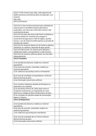 18.4.2.7.2 No mictório tipo calha, cada segmento de
0,60m (sessenta centímetros) deve corresponder a um
mictório
tipo cuba.
18.4.2.8 Chuveiros
18.4.2.8.1 A área mínima necessária para utilização de
cada chuveiro é de 0,80m2 (oitenta decímetros
quadrados), com altura de 2,10m (dois metros e dez
centímetros) do piso.
18.4.2.8.2 Os pisos dos locais onde forem instalados os
chuveiros devem ter caimento que assegure o
escoamento da água para a rede de esgoto, quando
houver, e ser de material antiderrapante ou provido de
estrados de madeira.
18.4.2.8.3 Os chuveiros devem ser de metal ou plástico,
individuais ou coletivos, dispondo de água quente.
18.4.2.8.4 Deve haver um suporte para sabonete e
cabide para toalha, correspondente a cada chuveiro.
18.4.2.8.5 Os chuveiros elétricos devem ser aterrados
adequadamente.
18.4.2.9 Vestiário
a) ter paredes de alvenaria, madeira ou material
equivalente
b) ter pisos de concreto, cimentado, madeira ou
material equivalente
c) ter cobertura que proteja contra as intempéries
d) ter área de ventilação correspondente a 1/10 (um
décimo) de área do piso;
e) ter iluminação natural e/ou artificial;
f) ter armários individuais dotados de fechadura ou
dispositivo com cadeado;
g) ter pé-direito mínimo de 2,50m (dois metros e
cinqüenta centímetros), ou respeitando-se o que
determina o Código de Obras do Município, da obra;
h) ser mantidos em perfeito estado de conservação,
higiene e limpeza;
18.4.2.10 Alojamento
a) ter paredes de alvenaria, madeira ou material
equivalente;
b) ter piso de concreto, cimentado, madeira ou
material equivalente;
c) ter cobertura que proteja das intempéries;
d) ter área de ventilação de no mínimo 1/10 (um
décimo) da área do piso;
e) ter iluminação natural e/ou artificial;
 