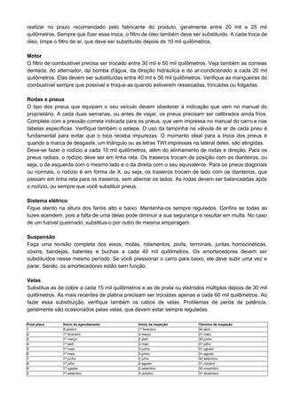 realizar no prazo recomendado pelo fabricante do produto, geralmente entre 20 mil e 25 mil
quilômetros. Sempre que fizer essa troca, o filtro de óleo também deve ser substituído. A cada troca de
óleo, limpe o filtro de ar, que deve ser substituído depois de 10 mil quilômetros.
Motor
O filtro de combustível precisa ser trocado entre 30 mil e 50 mil quilômetros. Veja também as correias
dentada, do alternador, da bomba d'água, da direção hidráulica e do ar-condicionado a cada 20 mil
quilômetros. Elas devem ser substituídas entre 40 mil e 50 mil quilômetros. Verifique as mangueiras do
combustível sempre que possível e troque-as quando estiverem ressecadas, trincadas ou folgadas.
Rodas e pneus
O tipo dos pneus que equipam o seu veículo devem obedecer à indicação que vem no manual do
proprietário. A cada duas semanas, ou antes de viajar, os pneus precisam ser calibrados ainda frios.
Complete com a pressão correta indicada para os pneus, que vem impressa no manual do carro e nas
tabelas específicas. Verifique também o estepe. O uso da tampinha na válvula de ar de cada pneu é
fundamental para evitar que o bico receba impurezas. O momento ideal para a troca dos pneus é
quando a marca de desgaste, um triângulo ou as letras TWI impressas na lateral deles, são atingidas.
Deve-se fazer o rodízio a cada 10 mil quilômetros, além do alinhamento de rodas e direção. Para os
pneus radiais, o rodízio deve ser em linha reta. Os traseiros trocam de posição com os dianteiros, ou
seja, o da esquerda com o mesmo lado e o da direita com o seu equivalente. Para os pneus diagonais
ou normais, o rodízio é em forma de X, ou seja, os traseiros trocam de lado com os dianteiros, que
passam em linha reta para os traseiros, sem alternar os lados. As rodas devem ser balanceadas após
o rodízio, ou sempre que você substituir pneus.
Sistema elétrico
Fique atento na altura dos faróis alto e baixo. Mantenha-os sempre regulados. Confira se todas as
luzes acendem, pois a falta de uma delas pode diminuir a sua segurança e resultar em multa. No caso
de um fusível queimado, substitua-o por outro de mesma amperagem.
Suspensão
Faça uma revisão completa dos eixos, molas, rolamentos, pivôs, terminais, juntas homocinéticas,
coxins, bandejas, batentes e buchas a cada 40 mil quilômetros. Os amortecedores devem ser
substituídos nesse mesmo período. Se você pressionar o carro para baixo, ele deve subir uma vez e
parar. Senão, os amortecedores estão sem função.
Velas
Substitua as de cobre a cada 15 mil quilômetros e as de prata ou eletrodos múltiplos depois de 30 mil
quilômetros. As mais recentes de platina precisam ser trocadas apenas a cada 60 mil quilômetros. Ao
fazer essa substituição, verifique também os cabos de velas. Problemas de perda de potência,
geralmente são ocasionados pelas velas, que devem estar sempre reguladas.
Final placa
1
2
3
4
5
6
7
8
9
0

Início do agendamento
5 janeiro
1º fevereiro
1º março
1º abril
1º maio
1º maio
1º junho
1º julho
1º agosto
1º setembro

Início da inspeção
1º fevereiro
3 março
2 abril
3 maio
3 junho
3 junho
3 julho
3 agosto
2 setembro
3 outubro

Término da inspeção
30 abril
31 maio
30 junho
31 julho
31 agosto
31 agosto
30 setembro
31 outubro
30 novembro
31 dezembro

 