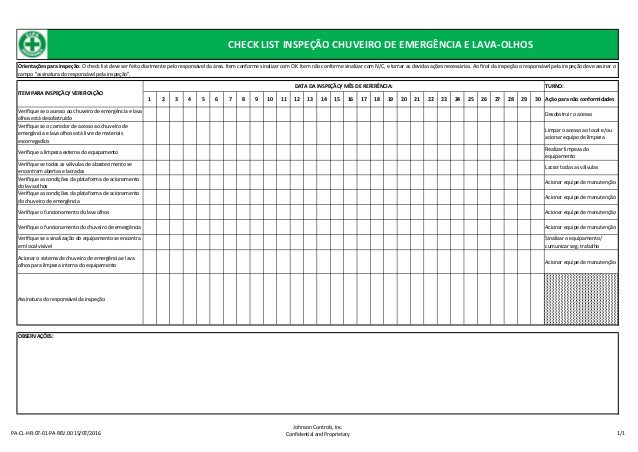 Check List Chuveiro de Emergencia e Lava Olhos
