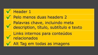 Header 1 
Pelomenos duas headers2 
Palavras chave, incluindo meta description, título, subtítulo e texto 
Links internos para conteúdos relacionados 
AltTagemtodas as imagens  