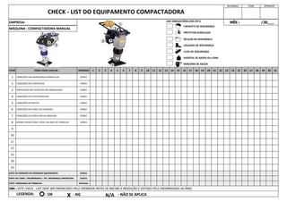 EMPRESA:
CHECK - LIST DO EQUIPAMENTO COMPACTADORA
OBS : ESTE CHECK - LIST DEVE SER PREENCHIDO PELO OPERADOR ANTES DE INICIAR A PRODUÇÃO E VISTADO PELO ENCARREGADO DA ÁREA.
LEGENDA:
7 CONDIÇÕES DA ESTRUTURA DA MÁQUINA
10
DIÁRIO
ITEM ITENS PARA CHECAR :
CONDIÇÕES DAS MANGUEIRAS HIDRAULICAS
CONDIÇÕES DOS PARAFUSOS
VERIFICAÇÃO DAS VEDAÇÕES DAS MANGUEIRAS
CONDIÇÕES DOS FIOS (EXPOSTOS)
CONDIÇÕES DA SAPATA
SEGURANÇA LÍDER OPERADOR
MÊS : /20___
4
CONDIÇÕES DO PAINEL DE COMANDO
9
8 NORMA OPERACIONAL VISÍVEL NA ÁREA DE TRABALHO
31
1
2
3
19 20 21 22
15 16 17 18 28 29 30
23 24 25 26 27
11 12 13 14
7 8 9 10
3 4 5 6
1 2
MÁQUINA : COMPACTADORA MANUAL
11
5
6
PERÍODO
DIÁRIO
12
13
14
15
VISTO DE INSPEÇÃO DO OPERADOR EQUIPAMENTO DIÁRIO
VISTO DO LÍDER / ENCARREGADO / TÉC. SEGURANÇA CONTRATADA DIÁRIO
VISTO SEGURANÇA DO TRABALHO SEMANAL
DIÁRIO
DIÁRIO
DIÁRIO
DIÁRIO
DIÁRIO
DIÁRIO
- OK X - NG N/A - NÃO SE APLICA
CAPACETE DE SEGURANÇA
PROTETOR AURICULAR
ÓCULOS DE SEGURANÇA
CALÇADO DE SEGURANÇA
LUVA DE SEGURANÇA
AVENTAL DE RASPA OU LONA
USO OBRIGATÓRIO DOS EPI'S:
MÁSCARA DE SOLDA
1
4
5
6
7
3
1
4
5
6
7
3
2
2
 