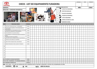 VISTO DE INSPEÇÃO DO OPERADOR EQUIPAMENTO DIÁRIO
VISTO DO LÍDER / ENCARREGADO / TÉC. SEGURANÇA CONTRATADA DIÁRIO
VISTO SEGURANÇA DO TRABALHO TDB SEMANAL
PERÍODO
DIÁRIO
DIÁRIO
DIÁRIO
DIÁRIO
DIÁRIO
DIÁRIO
DIÁRIO
EMPRESA:
CHECK - LIST DO EQUIPAMENTO FURADEIRA
OBS : ESTE CHECK - LIST DEVE SER PREENCHIDO PELO OPERADOR ANTES DE INICIAR A PRODUÇÃO E VISTADO PELO ENCARREGADO DA ÁREA.
LEGENDA:
7 ESTADO DE USO DA BROCA DA FURADEIRA
10
EXISTÊNCIA DE PINO GUIA DA BROCA.
(CASO NÃO POSSUA É PROIBIDO OPERAR O EQUIPAMENTO)
9 NORMA OPERACIONAL VISÍVEL NA ÁREA DE TRABALHO
8 CABO ELÉTRICO EM BOM ESTADO, SEM EMENDAS DIÁRIO
DIÁRIO
ITEM ITENS PARA CHECAR :
CHAVE LIGA / DESLIGA (GATILHO) = FUNCIONANDO
IDENTIFICAÇÃO DA EMPRESA / SETOR PROPRIETÁRIO DO
EQUIPAMENTO
FUNCIONAMENTO DO TRAVAMENTO DO PINO E O SEXTAVADO
EM PERFEITAS CONDIÇÕES DE FUNCIONAMENTO
FUNCIONAMENTO DA ALAVANCA MANUAL
FUNCIONAMENTO DO BOTÃO REGULADOR DA ROTAÇÃO DA
BROCA
SEGURANÇA LÍDER OPERADOR
MÊS : /2010
4
31
1
2
3
27
19 20 21 22
15 16 17 18 28 29 30
23 24 25 26
11 12 13 14
7 8 9 10
3 4 5 6
1 2
MÁQUINA : FURADEIRA MAGNÉTICA
11
5
6
12
13
14
15
- OK X - NG N/A - NÃO SE APLICA
CAPACETE DE SEGURANÇA
PROTETOR AURICULAR
ÓCULOS DE SEGURANÇA
CALÇADO DE SEGURANÇA
LUVA DE SEGURANÇA
AVENTAL DE RASPA OU LONA
USO OBRIGATÓRIO DOS EPI'S:
MÁSCARA DE SOLDA
4
5 6
3
1
2
7
7
8
4
 