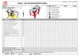 EMPRESA:
CHECK - LIST DO EQUIPAMENTO SERRA
OBS : ESTE CHECK - LIST DEVE SER PREENCHIDO PELO OPERADOR ANTES DE INICIAR A PRODUÇÃO E VISTADO PELO ENCARREGADO DA ÁREA.
LEGENDA:
7 MANGUEIRAS DE PROTEÇÃO DOS FIOS DA SERRA
10
DIÁRIO
DIÁRIO
ITEM ITENS PARA CHECAR :
CHAVE LIGA / DESLIGA (FUNCIONANDO)
CARENAGEM DE PROTEÇÃO DO DISCO DA SERRA
DISPOSITIVO DE ANGULAÇÃO PARA SERRAR
BANCADA COM RÉGUA GUIA
VERIFICAR CONDIÇÕES DA SERRA
SEGURANÇA LÍDER OPERADOR
MÊS : /2010
4
EMPURRADOR PARA TRABALHO COM SERRA DE MESA
9 NORMA OPERACIONAL VISÍVEL NA ÁREA DE TRABALHO
8
INSPEÇÃO NO ESTADO DE CONSERVAÇÃO DA PORCA DE
PRENDER A SERRA
31
1
2
3
27
19 20 21 22
16 17 18 28 29 30
23 24 25 26
11 12 13 14 15
7 8 9 10
3 4 5 6
1 2
MÁQUINA : SERRA DE MESA
11
5
6
12
13
14
15
VISTO DE INSPEÇÃO DO OPERADOR EQUIPAMENTO DIÁRIO
VISTO DO LÍDER / ENCARREGADO / TÉC. SEGURANÇA CONTRATADA DIÁRIO
VISTO SEGURANÇA DO TRABALHO TDB SEMANAL
DIÁRIO
DIÁRIO
PERÍODO
DIÁRIO
DIÁRIO
DIÁRIO
DIÁRIO
DIÁRIO
- OK X - NG N/A - NÃO SE APLICA
CAPACETE DE SEGURANÇA
PROTETOR AURICULAR
ÓCULOS DE SEGURANÇA
CALÇADO DE SEGURANÇA
LUVA DE SEGURANÇA
AVENTAL DE RASPA OU LONA
USO OBRIGATÓRIO DOS EPI'S:
MÁSCARA DE SOLDA
1
4
2
3
5
7
2
3
7
5
1
4
8
8
6
 