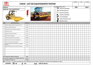 15
14
13
12
1 2
MÁQUINA : ROLO COMPRESSOR
11 NORMA OPERACIONAL VISÍVEL NA ÁREA DE TRABALHO
5
6
3 4 5 6 7 8 9 10 11 12 13 14 28 29 30
23 24 25 26 27
19 20 21 22
15 16 17 18
4
31
1
2
3
MÊS : /2010
SEGURANÇA LÍDER OPERADOR
BUZINA E ALARME SONORO DE RÉ
CONDIÇÕES DOS PNEUS (DESGASTE E PRESSÃO)
CONDIÇÕES DO ROLO
PERÍODO
DIÁRIO
DIÁRIO
CONDIÇÕES DA PROTEÇÃO DO ROLO
ITEM ITENS PARA CHECAR :
SISTEMA LUMINOSO (FARÓIS, RÉ, PISCA ALERTA, ETC)
CONSERVAÇÃO DA MÁQUINA
9 CIRCUITO ELÉTRICO EM BOAS CONDIÇÕES
8 VERIFICAR FREIOS DE RODA E ESTACIONAMENTO DIÁRIO
DIÁRIO
10
POSSÍVEIS VAZAMENTOS DO HIDRÁULICO E DA PRÓPRIA
MÁQUINA
7 EXTINTOR DE INCÊNDIO (CARGA E VALIDADE)
EMPRESA:
CHECK - LIST DO EQUIPAMENTO TRATOR
OBS : ESTE CHECK - LIST DEVE SER PREENCHIDO PELO OPERADOR ANTES DE INICIAR A PRODUÇÃO E VISTADO PELO ENCARREGADO DA ÁREA.
LEGENDA:
DIÁRIO
DIÁRIO
DIÁRIO
DIÁRIO
DIÁRIO
DIÁRIO
SEMANAL
VISTO DE INSPEÇÃO DO OPERADOR EQUIPAMENTO DIÁRIO
VISTO DO LÍDER / ENCARREGADO / TÉC. SEGURANÇA CONTRATADA DIÁRIO
VISTO SEGURANÇA DO TRABALHO TDB SEMANAL
- OK X - NG N/A - NÃO SE APLICA
CAPACETE DE SEGURANÇA
PROTETOR AURICULAR
ÓCULOS DE SEGURANÇA
CALÇADO DE SEGURANÇA
LUVA DE SEGURANÇA
AVENTAL DE RASPA OU LONA
USO OBRIGATÓRIO DOS EPI'S:
MÁSCARA DE SOLDA
7
1
2
3 4
5
6
8
9
1
2
3
4
5
6
8
9
10
10
 