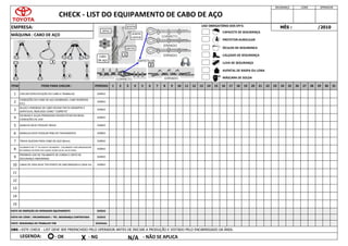 DIÁRIO
DIÁRIO
15
14
13
12
1 2
MÁQUINA : CABO DE AÇO
11
5
6
3 4 5 6 7 8 9 10 11 12 13 14 28 29 30
23 24 25 26 27
15 16 17 18 19 20 21 22
4
31
1
2
3
MÊS : /2010
SEGURANÇA LÍDER OPERADOR
CONDIÇÕES DO CABO DE AÇO (DOBRADO, CABO ROMPIDO
ETC)
ALÇAS E EMENDAS DE CABO DEVEM TER 03 GRAMPOS E
SAPATILHA, INDICADO COMO "CORRETO"
ESLINGAS E ALÇAS PRENSADAS DEVEM ESTAR EM BOAS
CONDIÇÕES DE USO
GANCHO DEVE POSSUIR TRAVA
DIÁRIO
DIÁRIO
DIÁRIO
DIÁRIO
MANILHA DEVE POSSUIR PINO DE TRAVAMENTO
9
PROIBIDO USO DE TALABARTE DE CORDA E CINTO DE
SEGURANÇA ABDOMINAL
8
TALABARTE EM "Y" OU DUPLO TALABARTE - (TALABARTE COM ABSORVEDOR
DE ENERGIA SÓ PODE SER USADO ACIMA DE 6m DE ALTURA)
DIÁRIO
DIÁRIO
DIÁRIO
10 LINHA DE VIDA DEVE TER PONTO DE ANCORAGEM A CADA 5m
7 TRAVA QUEDAS PARA CABO DE AÇO (8mm)
OBS : ESTE CHECK - LIST DEVE SER PREENCHIDO PELO OPERADOR ANTES DE INICIAR A PRODUÇÃO E VISTADO PELO ENCARREGADO DA ÁREA.
LEGENDA:
EMPRESA:
CHECK - LIST DO EQUIPAMENTO DE CABO DE AÇO
ITEM ITENS PARA CHECAR :
CHECAR ESPECIFICAÇÃO DO CABO X TRABALHO
PERÍODO
DIÁRIO
VISTO DE INSPEÇÃO DO OPERADOR EQUIPAMENTO DIÁRIO
VISTO DO LÍDER / ENCARREGADO / TÉC. SEGURANÇA CONTRATADA DIÁRIO
VISTO SEGURANÇA DO TRABALHO TDB SEMANAL
- OK X - NG N/A - NÃO SE APLICA
CAPACETE DE SEGURANÇA
PROTETOR AURICULAR
ÓCULOS DE SEGURANÇA
CALÇADO DE SEGURANÇA
LUVA DE SEGURANÇA
AVENTAL DE RASPA OU LONA
MÁSCARA DE SOLDA
USO OBRIGATÓRIO DOS EPI'S:
1
2
3
4
 