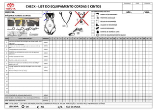 DIÁRIO
15
14
13
12
1 2
MÁQUINA : CORDAS E CINTOS
11
5
6
3 4 5 6 7 8 9 10 11 12 13 14 28 29 30
23 24 25 26 27
15 16 17 18 19 20 21 22
4
31
1
2
3
MÊS : /2010
SEGURANÇA LÍDER OPERADOR
Talabarte em "Y" ou duplo talabarte
* talabarte com absorvedor de energia só pode ser usado acima de 6m de
altura
Trava quedas para corda (12mm)
PROIBIDO uso de talabarte de corda e cinto de segurança
abdominal
Verificar condições da corda
DIÁRIO
DIÁRIO
DIÁRIO
DIÁRIO
Amarrar a corda com o nó em oito
9 Prender talabarte acima da cabeça
8
Linha de vida deve ter ponto de ancoragem com nó em oito a
cada 5m.
DIÁRIO
DIÁRIO
DIÁRIO
10
7
Ponto de ancoragem com resistência mínima de 1200kgf
(NR18.15.56.2 b)
OBS : ESTE CHECK - LIST DEVE SER PREENCHIDO PELO OPERADOR ANTES DE INICIAR A PRODUÇÃO E VISTADO PELO ENCARREGADO DA ÁREA.
LEGENDA:
EMPRESA:
CHECK - LIST DO EQUIPAMENTO CORDAS E CINTOS
ITEM ITENS PARA CHECAR :
Cinto com três pontos de ancoragem (NR-33 NBR 14606 - 4.4.2
Segurança)
PERÍODO
DIÁRIO
VISTO DE INSPEÇÃO DO OPERADOR EQUIPAMENTO DIÁRIO
VISTO DO LÍDER / ENCARREGADO / TÉC. SEGURANÇA CONTRATADA DIÁRIO
VISTO SEGURANÇA DO TRABALHO TDB SEMANAL
- OK X - NG N/A - NÃO SE APLICA
CAPACETE DE SEGURANÇA
PROTETOR AURICULAR
ÓCULOS DE SEGURANÇA
CALÇADO DE SEGURANÇA
LUVA DE SEGURANÇA
AVENTAL DE RASPA OU LONA
USO OBRIGATÓRIO DOS EPI'S:
CINTO DE SEGURANÇA CONTRA QUEDA
1 2
3
4
6
5
 