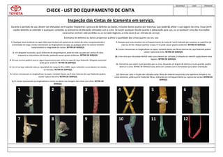 CHECK - LIST DO EQUIPAMENTO DE CINTA
SEGURANÇA LÍDER OPERADOR
X
Inspeção das Cintas de Içamento em serviço.
Durante o período de uso, devem ser efetuadas verifi cações freqüentes a procura de defeitos ou danos, inclusive danos ocultos por manchas, que poderão afetar o uso seguro da cinta. Essas verifi
cações deverão se estender a quaisquer conexões ou acessórios de elevação utilizados com a cinta. Se existir qualquer dúvida quanto à adequação para uso, ou se qualquer uma das marcações
necessárias tenham sido perdidas ou se tornado ilegíveis, a cinta deverá ser retirada de serviço.
Exemplos de defeitos ou danos propensos a afetar a qualidade das cintas quanto ao seu uso:
1. Qualquer dano evidente na capa indica que há dano em potencial ao núcleo da cinta, comprometendo a
sustentação da carga. Cortes transversais ou longitudinais na capa, ou qualquer dano na costura também
comprometem a integridade do núcleo. RETIRE DE SERVIÇO.
2. Um desgaste localizado, que é diferente do desgaste geral, pode ter sido causado por cantos afi ados
enquanto a cinta estava sob tensão, podendo causar graves acidentes. RETIRE DE SERVIÇO.
3. Em uso normal poderá ocorrer algum aquecimento por atrito na capa do Laço Redondo. Desgaste excessivo
pode gerar acidente. RETIRE DE SERVIÇO.
4. Um nó no laço redondo reduz a capacidade de carga de 25 a 100%. Laços redondos nunca devem ser atados
ou torcidos. RETIRE DE SERVIÇO.
5. Cortes transversais ou longitudinais na capa e também danos nas fi bras internas do Laço Redondo podem
causar ruptura da cinta. RETIRE DE SERVIÇO.
6, 9. Cortes transversais ou longitudinais e cortes ou danos nas margens das cintas com olhal. RETIRE DE
SERVIÇO.
7. Ataques químicos resultam em enfraquecimento do material. Isso é indicado por escamas na superfície da
capa ou da fita. Ataque químico à capa / fi ta pode causar graves acidentes. RETIRE DE SERVIÇO.
8. Cortes transversais ou longitudinais na capa e também danos nas fibras internas do Laço Redondo podem
causar ruptura da cinta. RETIRE DE SERVIÇO.
10. Uma cinta que não esteja identifi cada nunca deverá ser utilizada. A etiqueta e a identifi cação devem estar
legíveis. RETIRE DE SERVIÇO.
11. Acessórios que sejam muito grandes para a cinta, deixando um ângulo de abertura muito grande, podem
destruir a cinta. RETIRE DE SERVIÇO e/ou entre em contato com o fornecedor para obter orientação.
12. Danos por calor e fricção são indicados pelas fibras do material assumindo uma aparência vidrada e, em
casos extremos, pode ocorrer fusão das fibras, indicando um enfraquecimento ou ruptura do núcleo. RETIRE DE
SERVIÇO.
1 2 3 4 5 6
7 8 9 10 11 12
 